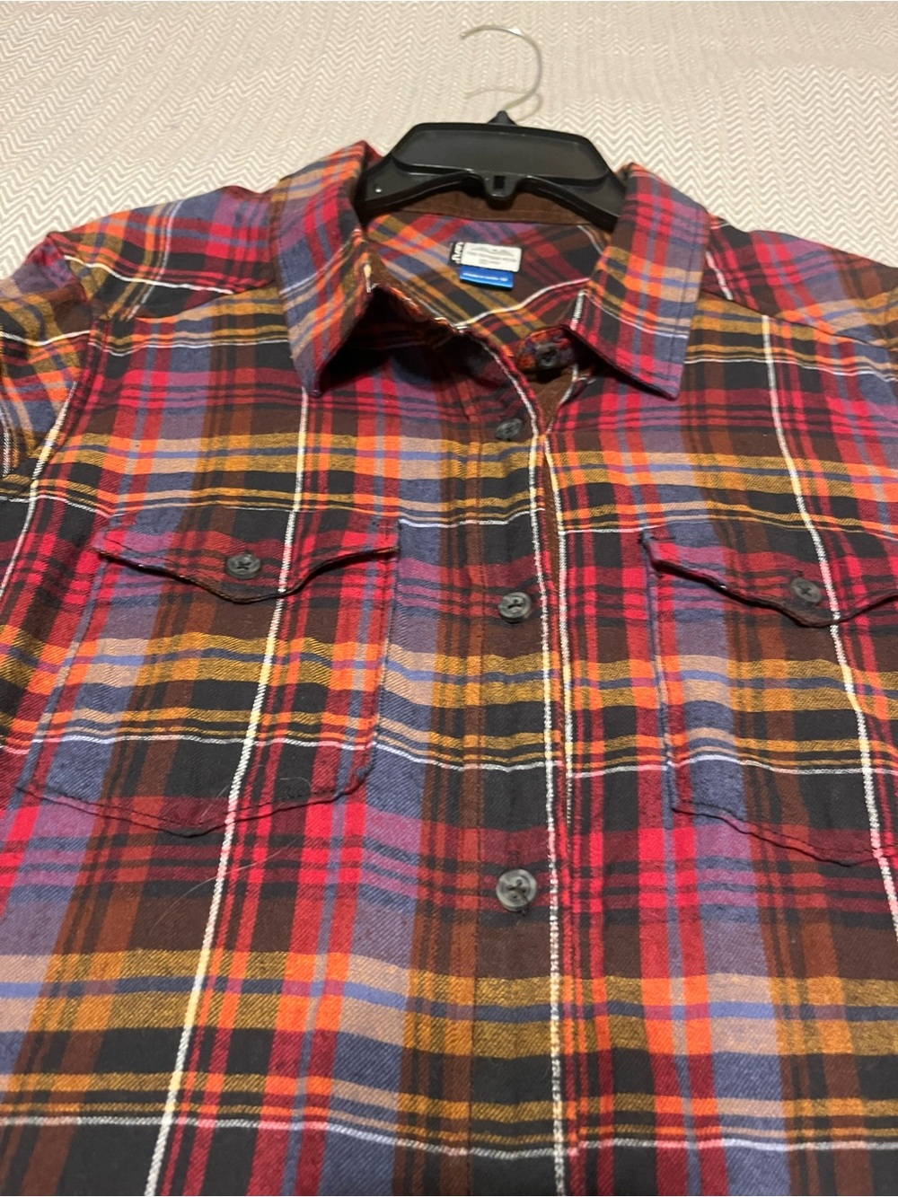 Kavu Vibrant Plaid Button-Front Flannel Shirt Dress with Corduroy Elbow Patches. - Picture 3 of 8